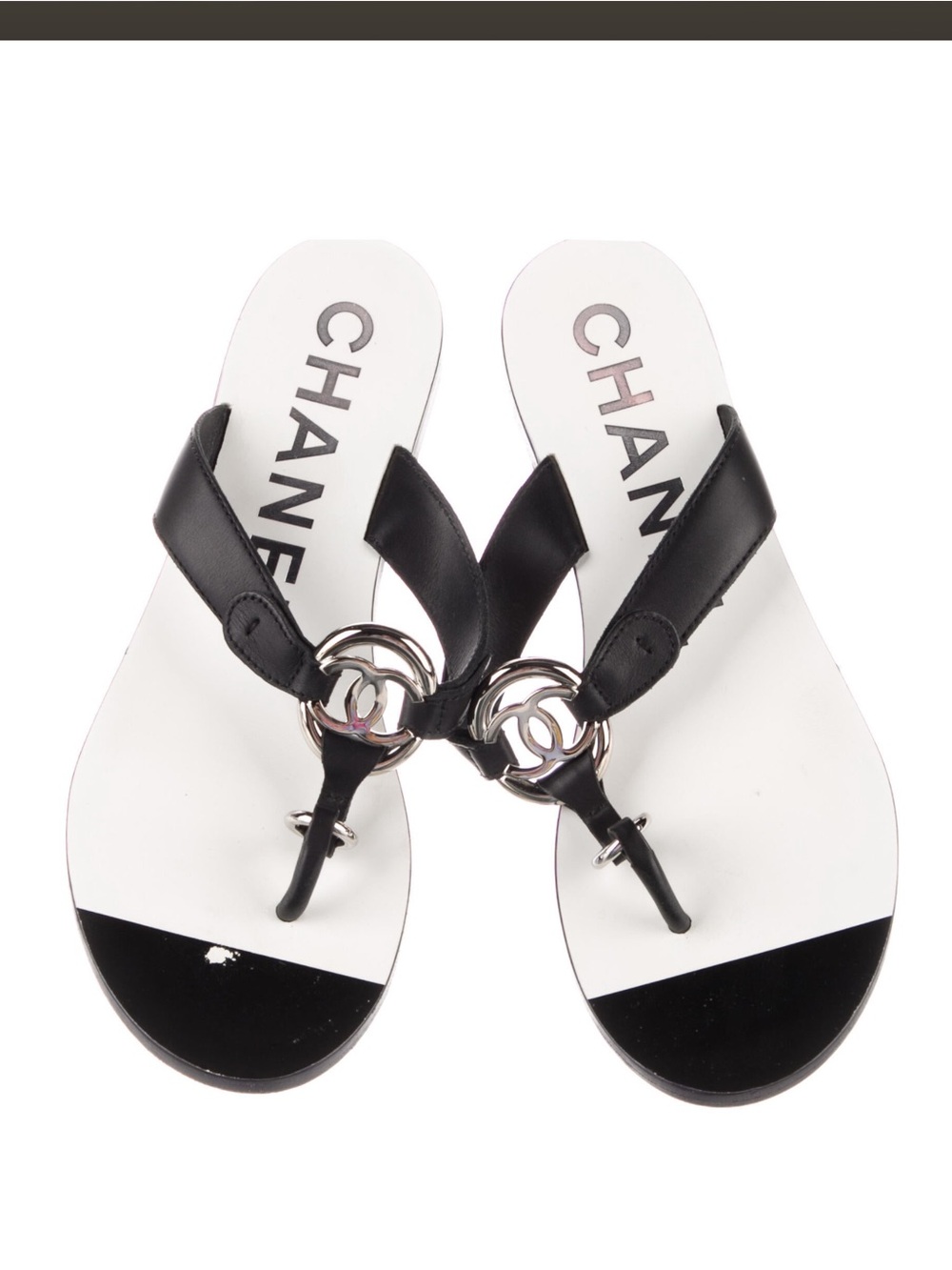 CHANEL Black Leather Thong Sandals with Silver CC Hardware includes dust bag - Picture 3 of 5